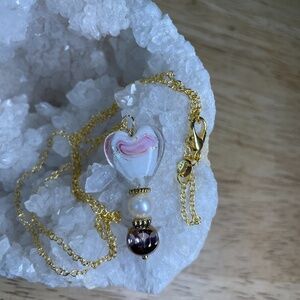 White glass heart w/ pink, slvr & gold, fresh water pearl, vintage crystal chain
